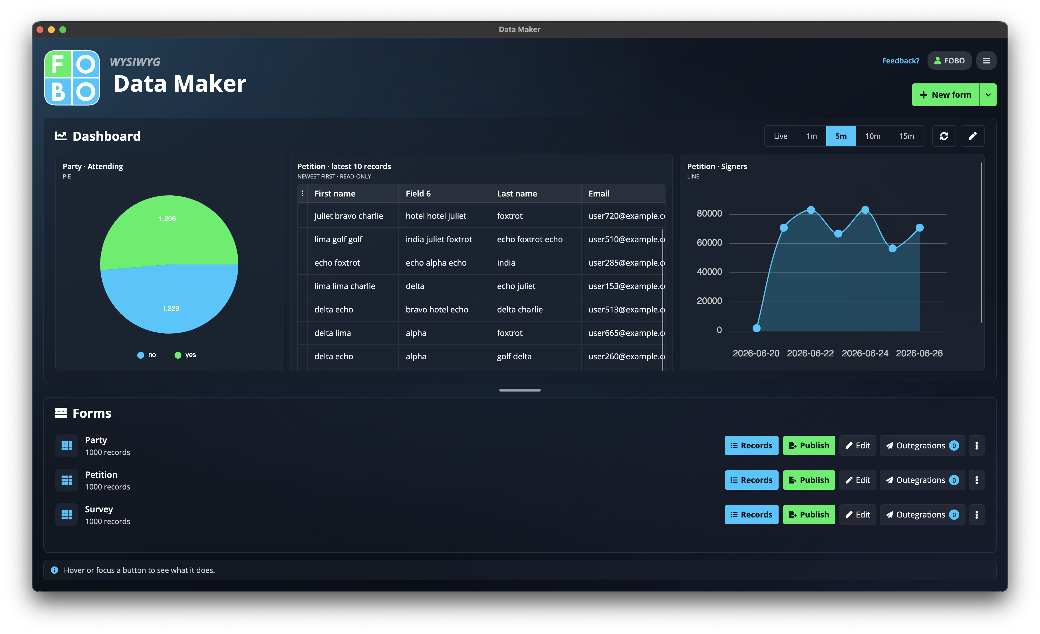 Data Maker: the Home dashboard with forms and live charts