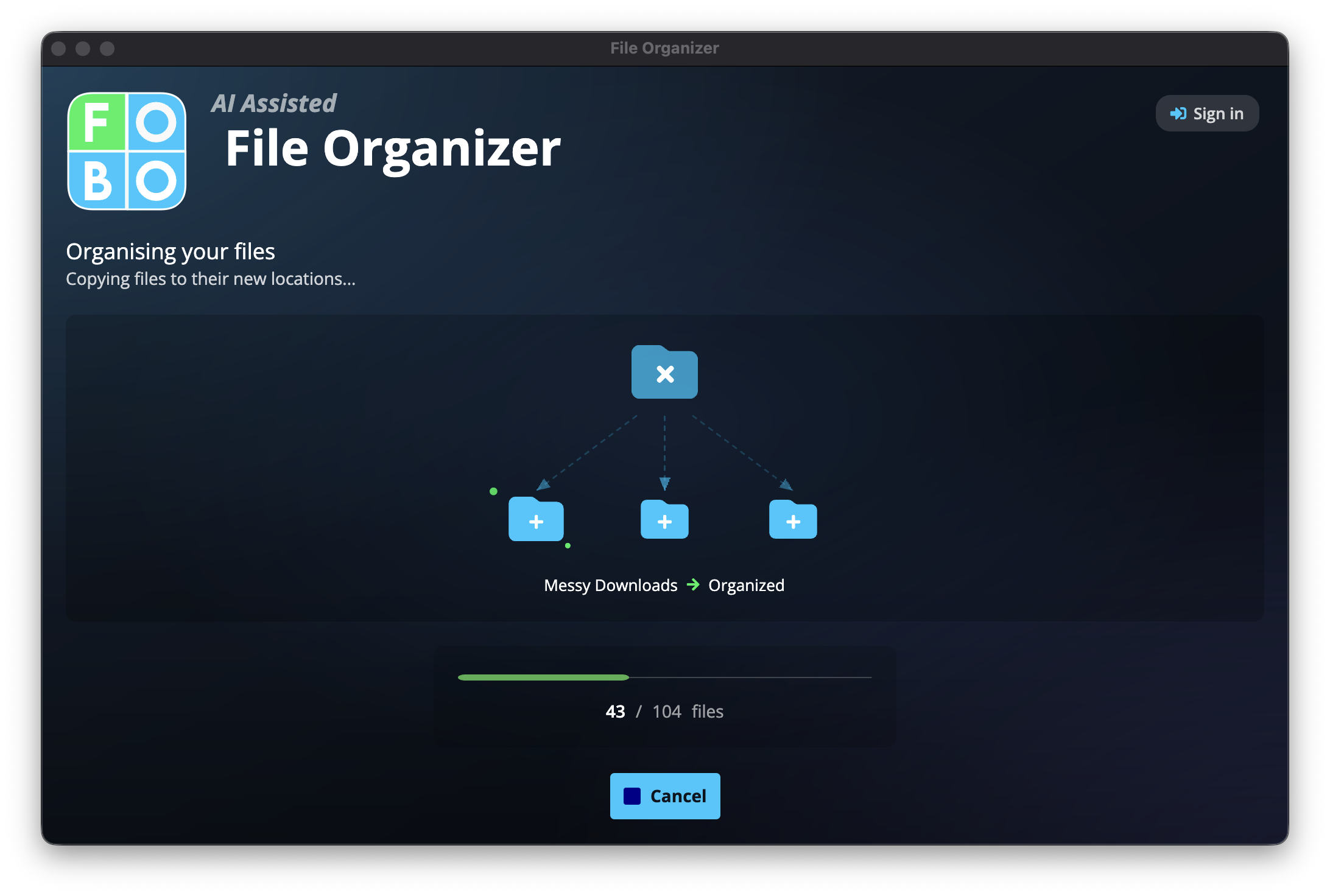 Files being organized with progress