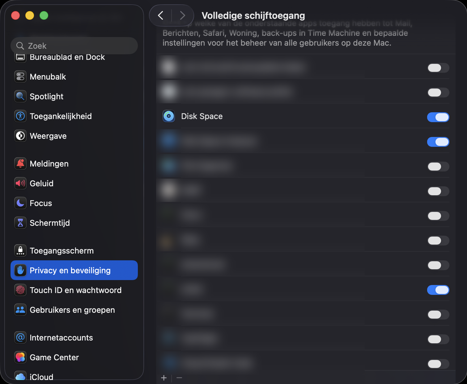 The Full Disk Access list in System Settings with Disk Space switched on