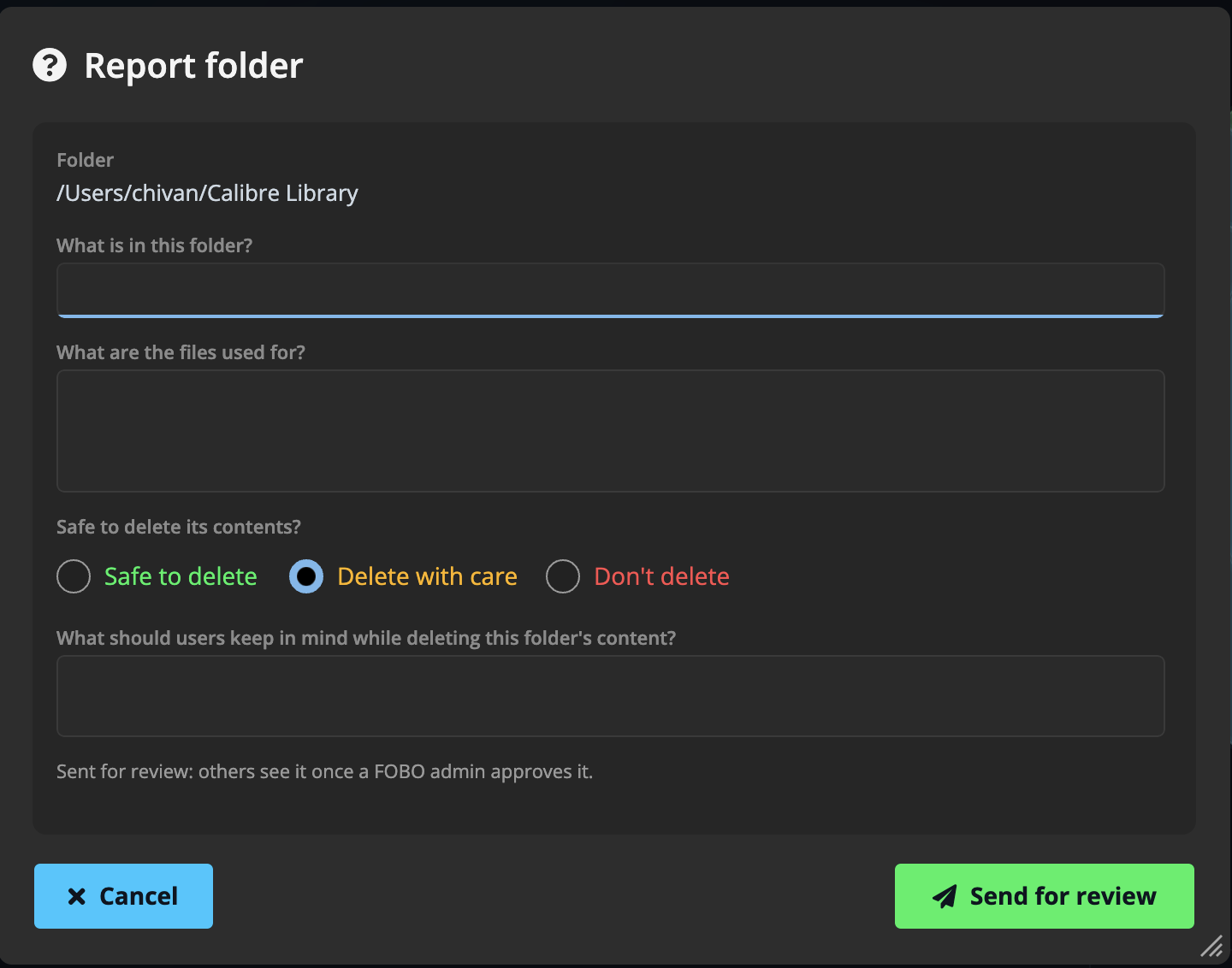 The Report folder dialog