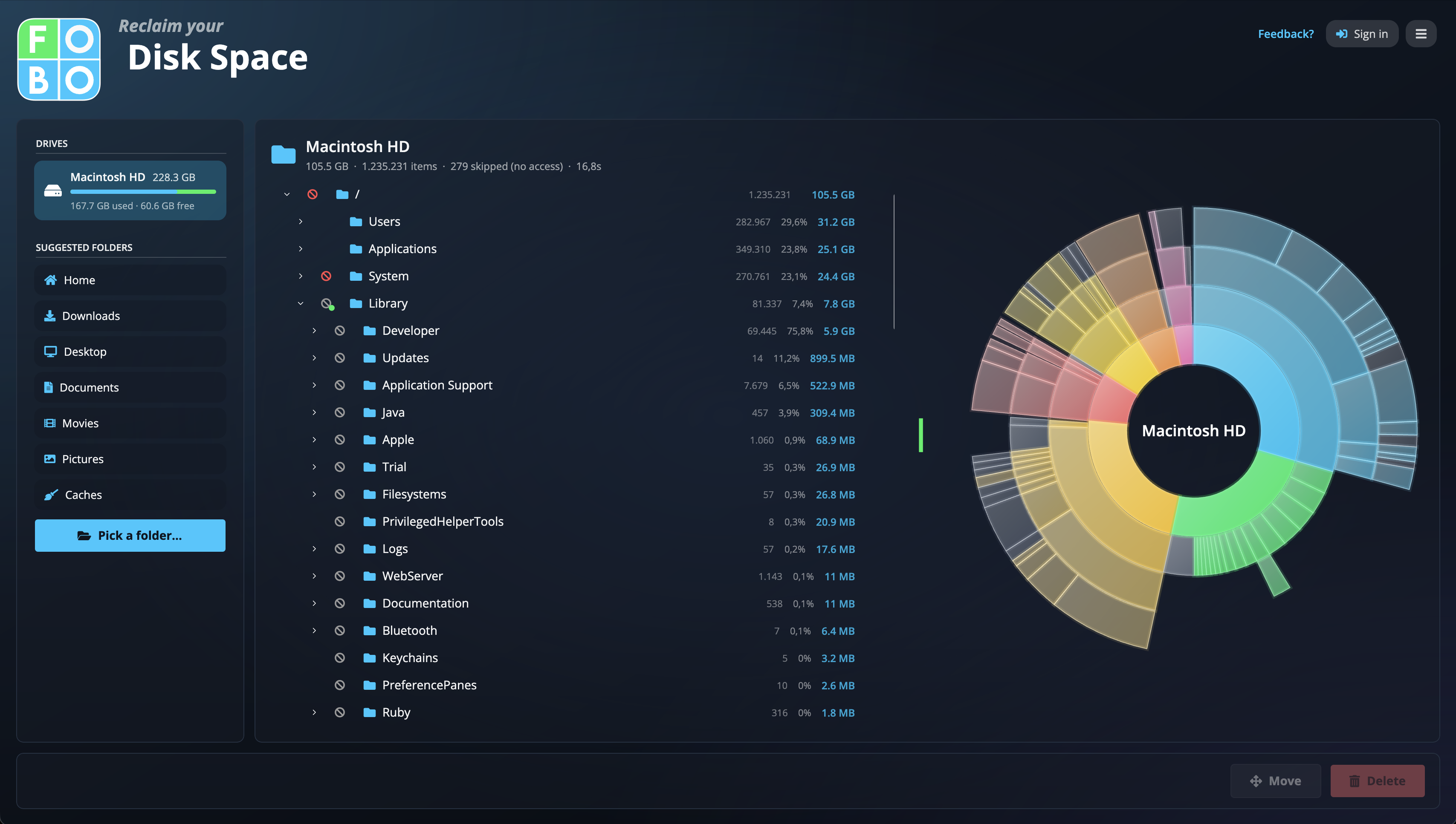 Disk Space after a scan: the tree, the sunburst chart, and safety markers