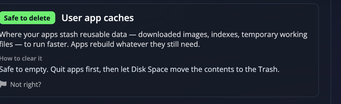 The verdict card for the user caches folder